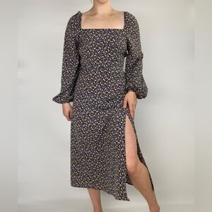 SEVEN WONDERS Lace Back Floral Long Sleeve Puff Slit Maxi Dress Square Neck‎